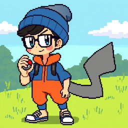 a Pokémon trainer with glasses, wearing a blue wool hat and an orange and blue outfit, in a retro 32-bit style