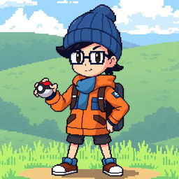 a Pokémon trainer with glasses, wearing a blue wool hat and an orange and blue outfit, in a retro 32-bit style