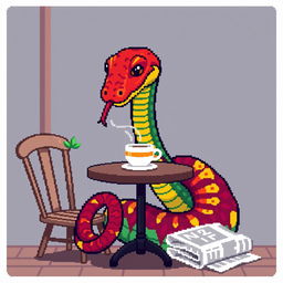 A pixel art depiction of a vibrant snake sitting at a little coffee table, enjoying a steaming cup of coffee