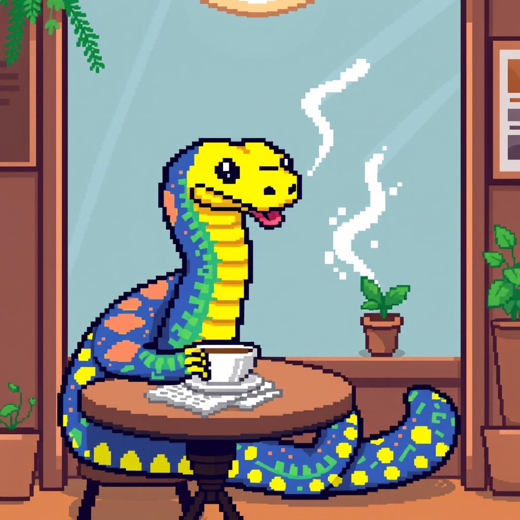 A pixel art depiction of a vibrant snake sitting at a little coffee table, enjoying a steaming cup of coffee