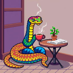 A pixel art depiction of a vibrant snake sitting at a little coffee table, enjoying a steaming cup of coffee