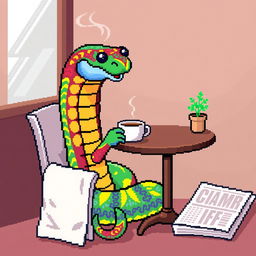 A pixel art depiction of a vibrant snake sitting at a little coffee table, enjoying a steaming cup of coffee