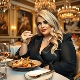 A chubby, wealthy blonde woman enjoying a luxurious meal in an opulent dining setting