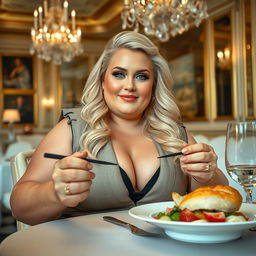 A chubby, wealthy blonde woman enjoying a luxurious meal in an opulent dining setting