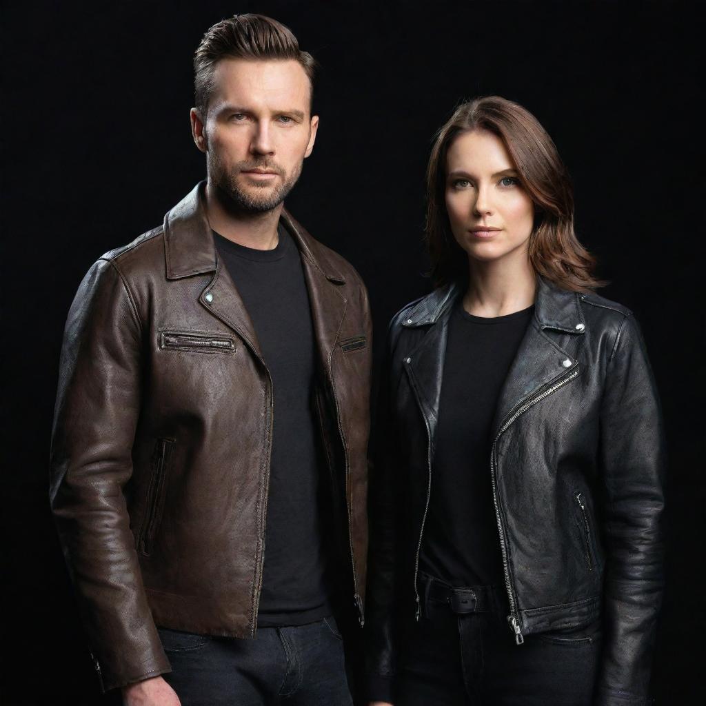 A stylish man and woman both in leather jackets, standing against a sleek black background.