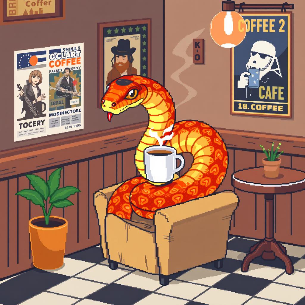 A pixel art depiction of a snake enjoying a cup of coffee