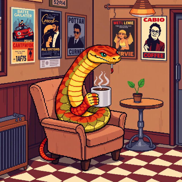 A pixel art depiction of a snake enjoying a cup of coffee