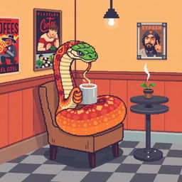 A pixel art depiction of a snake enjoying a cup of coffee