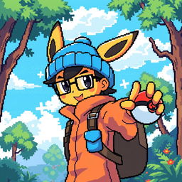 a Pokémon trainer with glasses, wearing a blue wool hat and an orange and blue outfit, in a retro 32-bit style