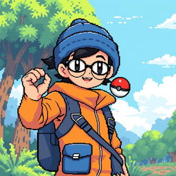 a Pokémon trainer with glasses, wearing a blue wool hat and an orange and blue outfit, in a retro 32-bit style