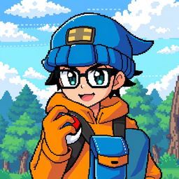 a Pokémon trainer with glasses, wearing a blue wool hat and an orange and blue outfit, in a retro 32-bit style