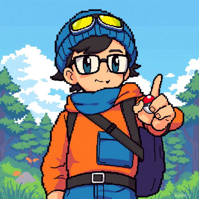 a Pokémon trainer with glasses, wearing a blue wool hat and an orange and blue outfit, in a retro 32-bit style