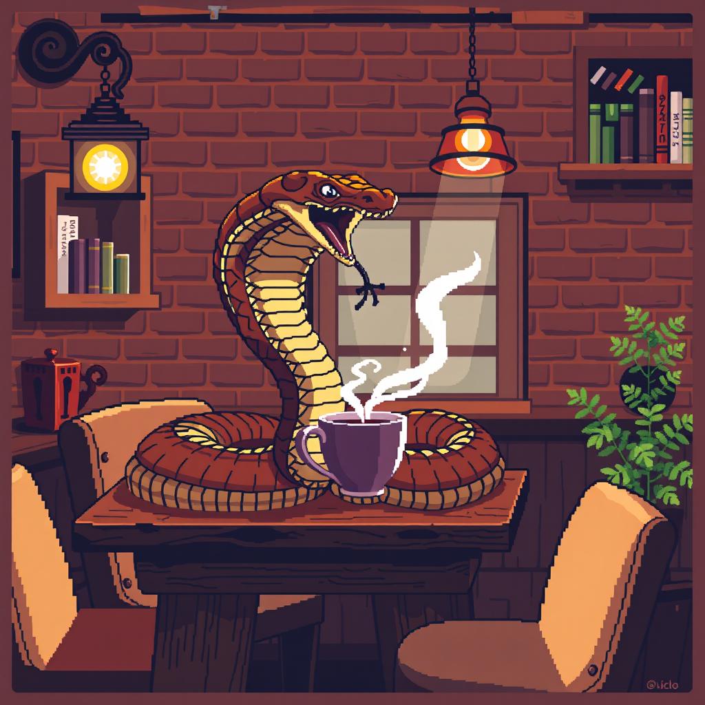 A pixel art scene featuring a cobra elegantly coiled while enjoying a cup of coffee