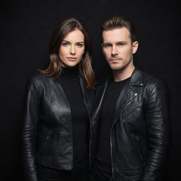 A stylish man and woman both in leather jackets, standing against a sleek black background.