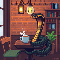 A pixel art scene featuring a cobra elegantly coiled while enjoying a cup of coffee