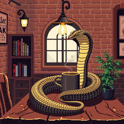 A pixel art scene featuring a cobra elegantly coiled while enjoying a cup of coffee