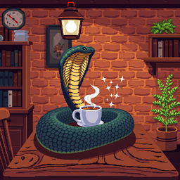 A pixel art scene featuring a cobra elegantly coiled while enjoying a cup of coffee