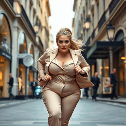 A chubby, wealthy blonde woman attempting to run in an elegant, bustling urban setting