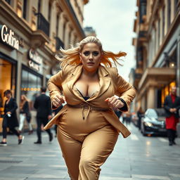 A chubby, wealthy blonde woman attempting to run in an elegant, bustling urban setting