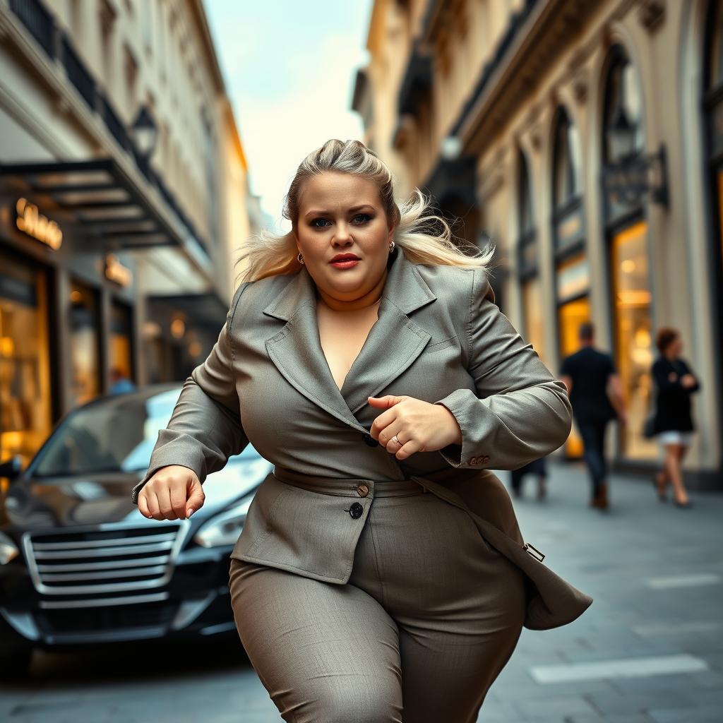 A chubby, wealthy blonde woman attempting to run in an elegant, bustling urban setting