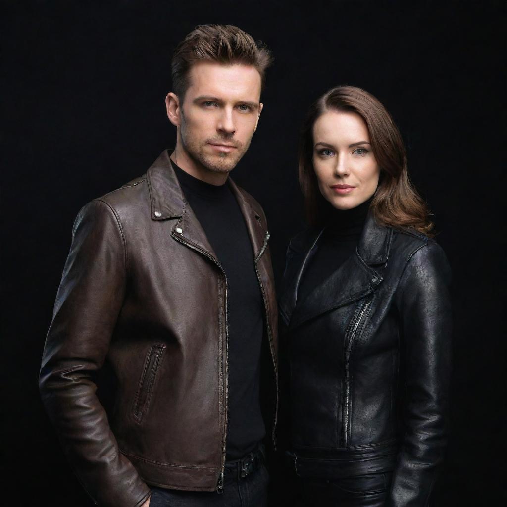 A stylish man and woman both in leather jackets, standing against a sleek black background.