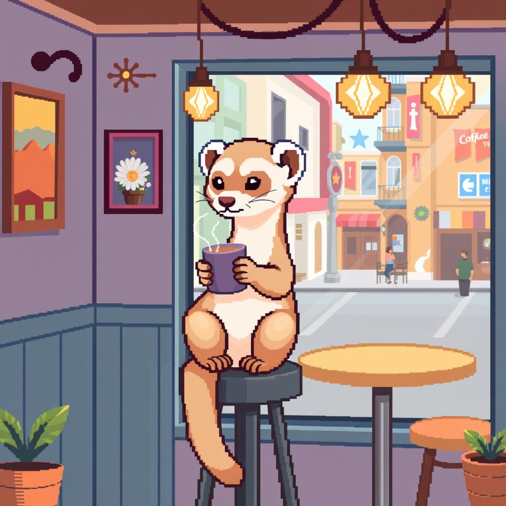 A pixel art illustration of a ferret drinking a cup of coffee