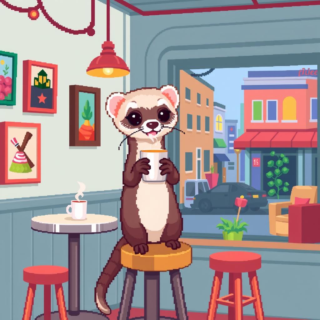 A pixel art illustration of a ferret drinking a cup of coffee