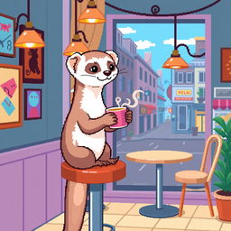 A pixel art illustration of a ferret drinking a cup of coffee