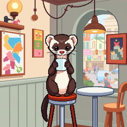 A pixel art illustration of a ferret drinking a cup of coffee