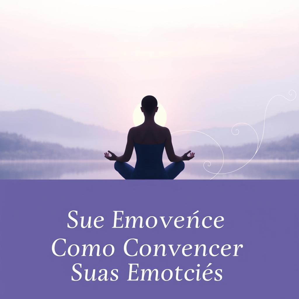 An insightful and calming book cover titled "Como Convencer Suas Emoções," featuring a serene scene where a person sits peacefully in meditation, surrounded by a tranquil landscape