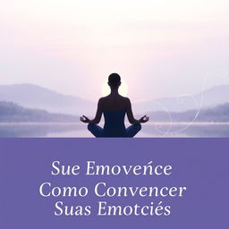 An insightful and calming book cover titled "Como Convencer Suas Emoções," featuring a serene scene where a person sits peacefully in meditation, surrounded by a tranquil landscape