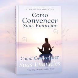 An insightful and calming book cover titled "Como Convencer Suas Emoções," featuring a serene scene where a person sits peacefully in meditation, surrounded by a tranquil landscape