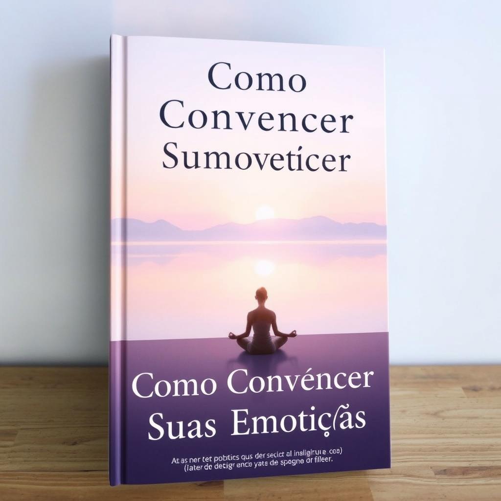 An insightful and calming book cover titled "Como Convencer Suas Emoções," featuring a serene scene where a person sits peacefully in meditation, surrounded by a tranquil landscape