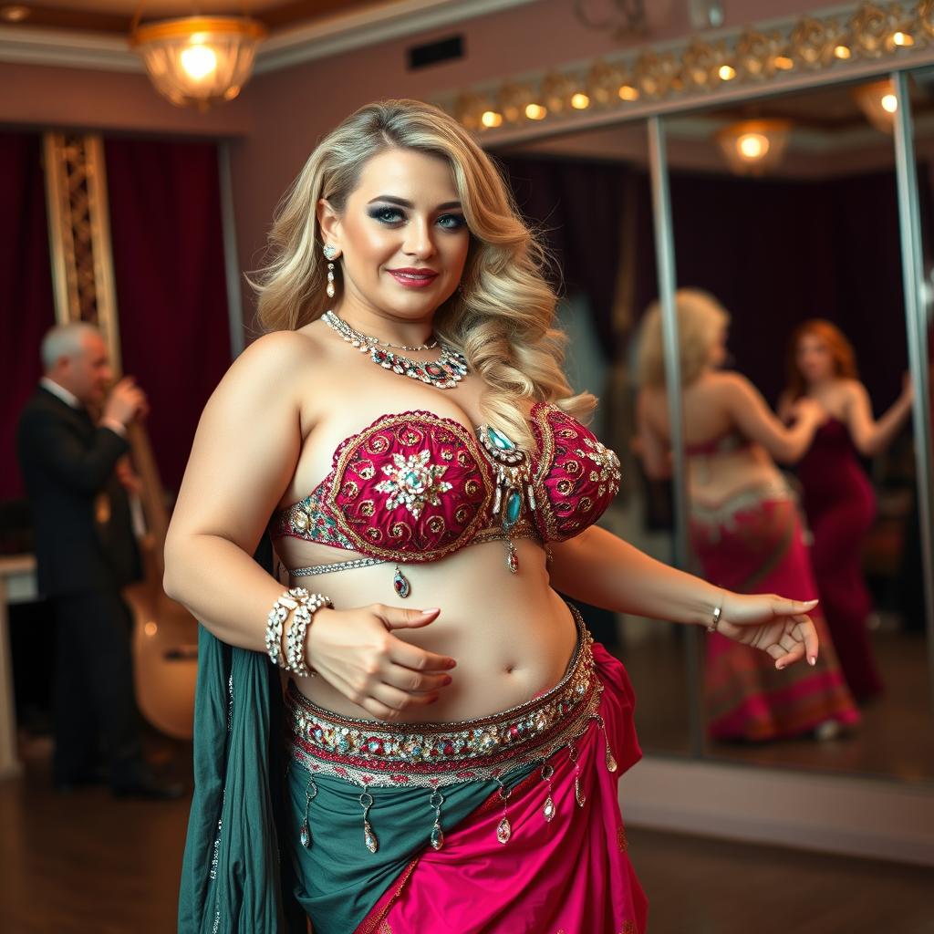 A chubby, wealthy blonde woman discovering the art of belly dance in an elegant dance studio