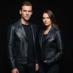 A stylish man and woman both in leather jackets, standing against a sleek black background.