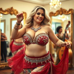 A chubby, wealthy blonde woman discovering the art of belly dance in an elegant dance studio