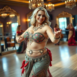 A chubby, wealthy blonde woman discovering the art of belly dance in an elegant dance studio