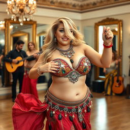 A chubby, wealthy blonde woman discovering the art of belly dance in an elegant dance studio