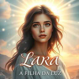 A captivating book cover titled "LARA, A FILHA DA LUZ," featuring an enchanting portrait of a young woman named Lara