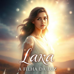 A captivating book cover titled "LARA, A FILHA DA LUZ," featuring an enchanting portrait of a young woman named Lara