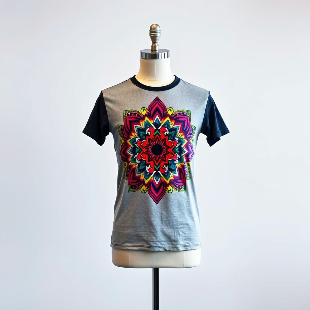 A trendy, stylish t-shirt displayed on a mannequin, featuring a vibrant graphic design of a colorful abstract pattern, with intricate details and a modern aesthetic