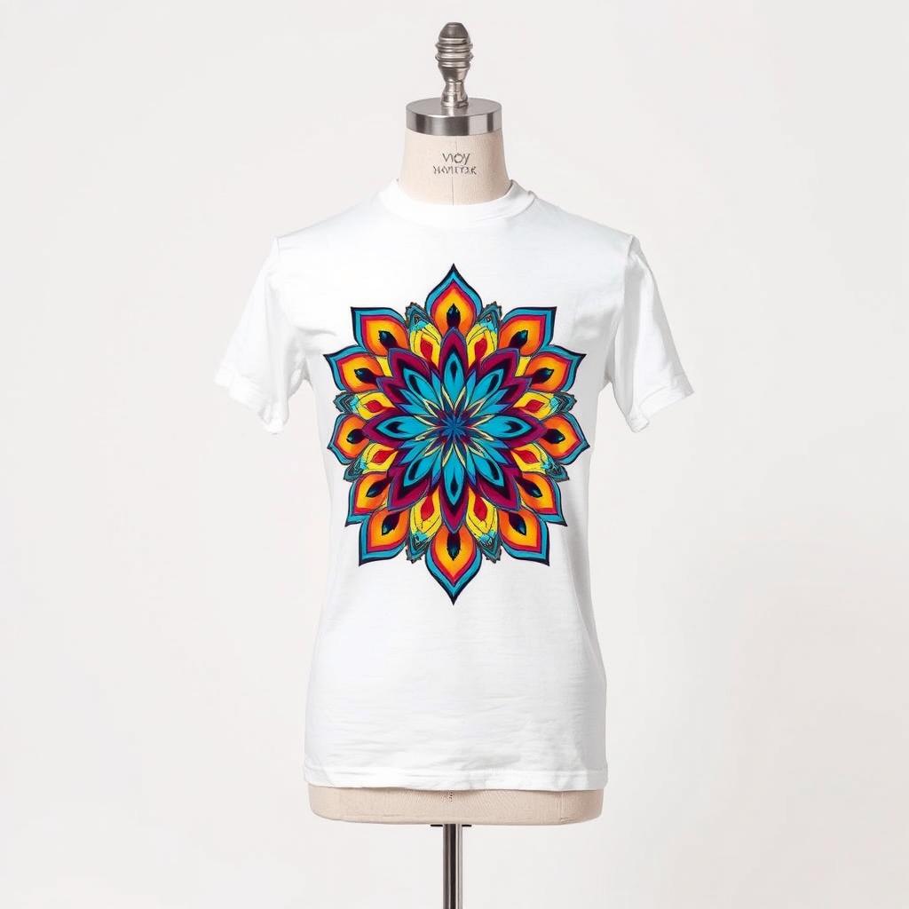 A trendy, stylish t-shirt displayed on a mannequin, featuring a vibrant graphic design of a colorful abstract pattern, with intricate details and a modern aesthetic