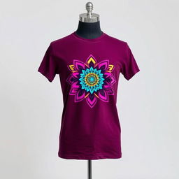 A trendy, stylish t-shirt displayed on a mannequin, featuring a vibrant graphic design of a colorful abstract pattern, with intricate details and a modern aesthetic