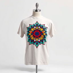 A trendy, stylish t-shirt displayed on a mannequin, featuring a vibrant graphic design of a colorful abstract pattern, with intricate details and a modern aesthetic