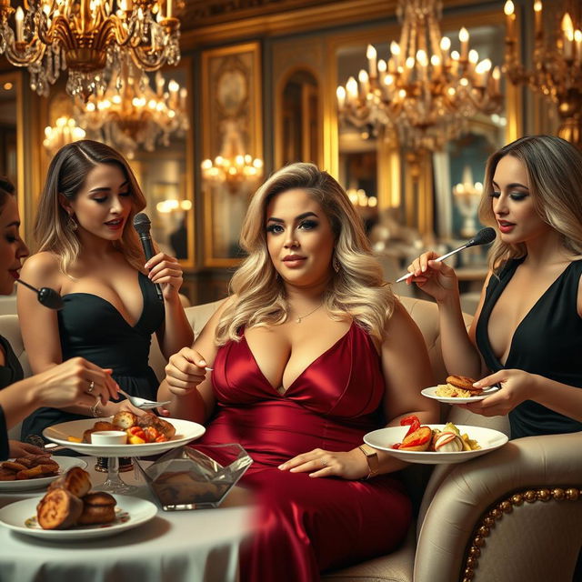 A luxurious scene depicting a chubby, wealthy blonde woman being fed by captivating female singers in an opulent setting