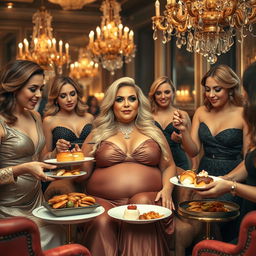 A luxurious scene depicting a chubby, wealthy blonde woman being fed by captivating female singers in an opulent setting