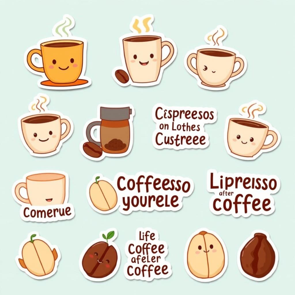 A collection of fun and cute coffee-themed stickers, featuring coffee cups, beans, and quirky quotes about coffee