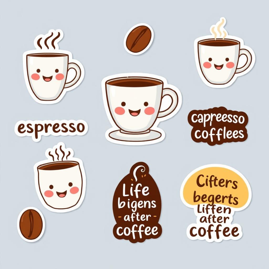 A collection of fun and cute coffee-themed stickers, featuring coffee cups, beans, and quirky quotes about coffee