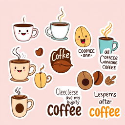 A collection of fun and cute coffee-themed stickers, featuring coffee cups, beans, and quirky quotes about coffee