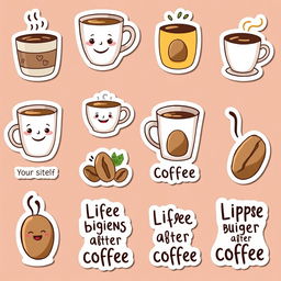 A collection of fun and cute coffee-themed stickers, featuring coffee cups, beans, and quirky quotes about coffee